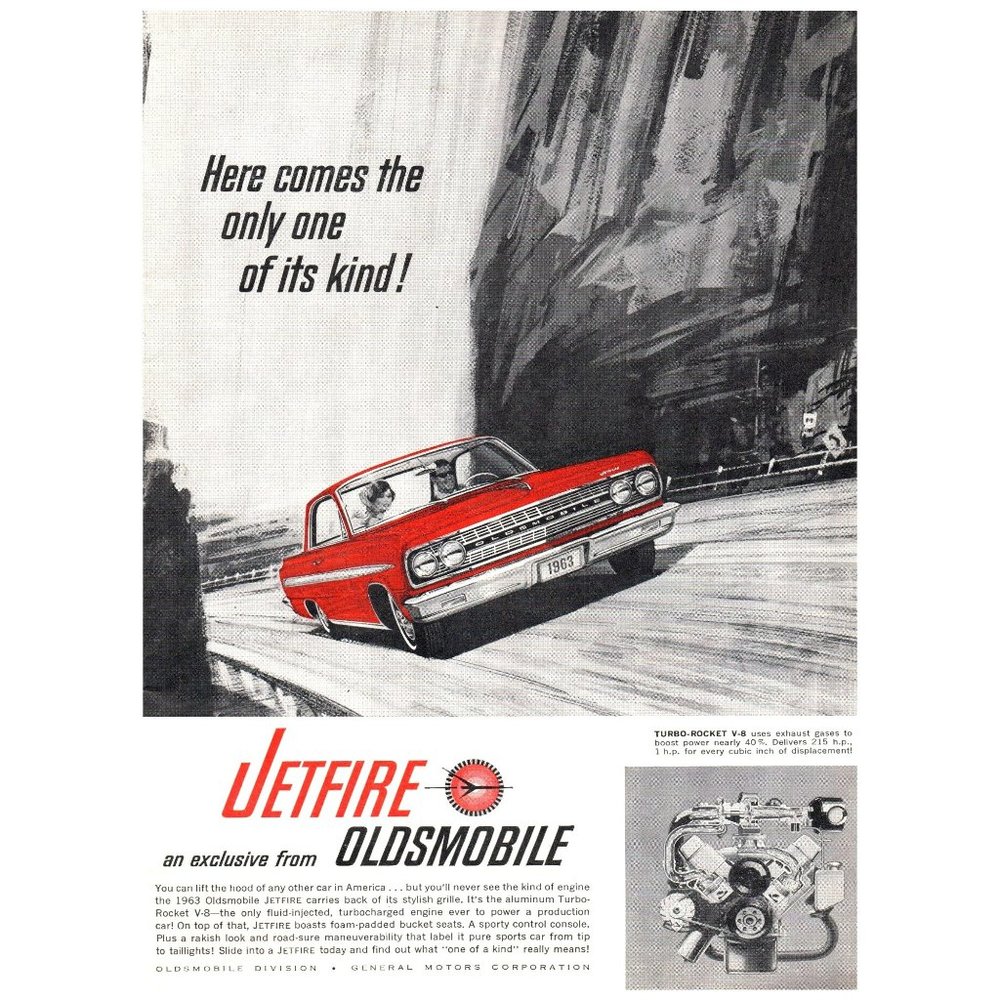 1963 Oldsmobile Jetfire Turbo Rocket V8 Engine Vintage Print Ad Mountain Pass